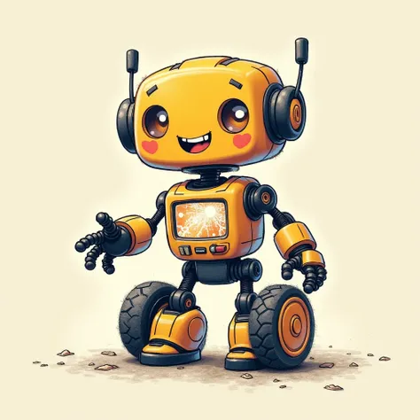 Illustration of a robot in pencil , friendly with bright colors , Chest screen , 2 wheels instead of feet and keep your arms flexible