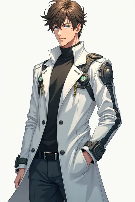  Create a male anime character ,  short curly hair brown eyes with white skin , tall and strong with a serious look , He is a scientist who wears a white scientist outfit with some mechanical details as shiny as the sun.