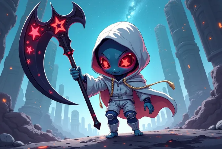  Create an epic illustration , Full-body, in Chibi style/Cartoon, of an alien, cuja pele é composed of stars ,  like a photo of the universe . He is big,  skinny and wear a cloak with a hoodie all torn , Make the color white .  Their eyes are like bright r...