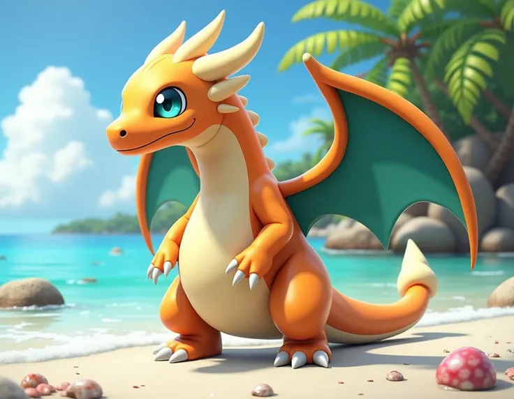 **Prompt para geração de imagem realista:**  

A powerful, yet benevolent dragon-like creature standing in a tranquil, tropical coastal setting. This creature closely resembles Dragonite from Pokémon but is reimagined with hyper-realistic features, showcas...