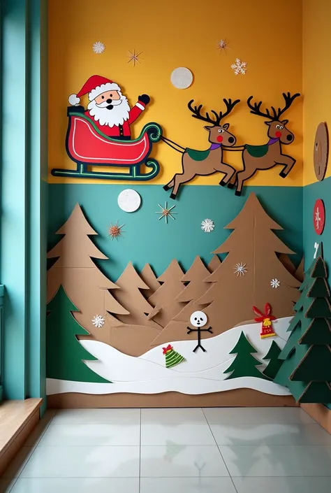 Create a Christmas decoration for a school space on a wall with the type of cardboard and crafts that can be done