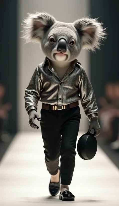 A koala in an upright posture, strutting down a catwalk wearing a silver sequin shirt and black pants, strutting down a catwalk slowly while holding a small hat in one hand
