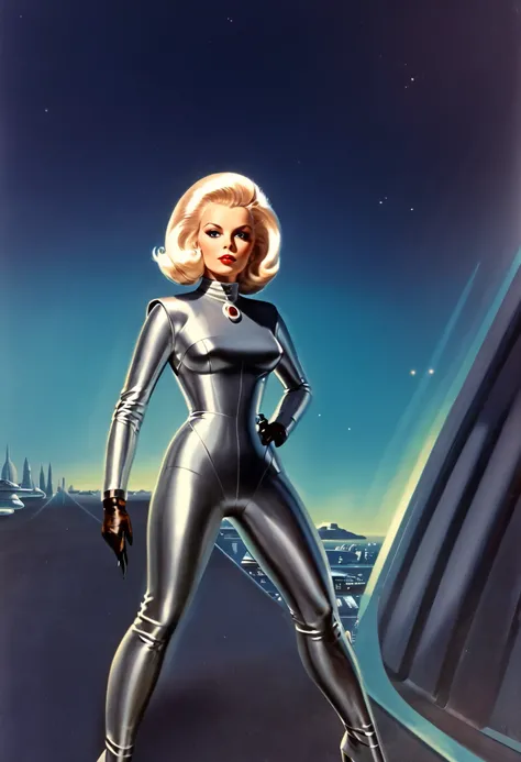 retro futuristic, ((retro futurism)), (( science fiction )), 1950s, (((1960s))), 1970s, (Platinum-plated blonde woman with medium alien hair),