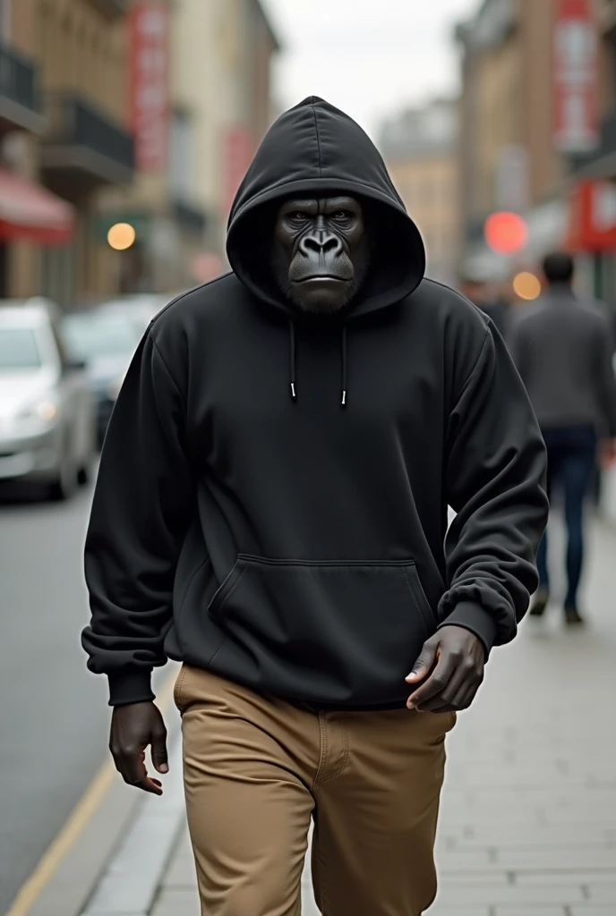 araffe  Wearing a super high resolution black  and khaki pants walking down a street, wearing a sweatshirt grande,  Wearing a super high resolution black , wearing a sweatshirt and sweatpants, wearing a sweatshirt, wearing a sweatshirt com capuz, wearing j...