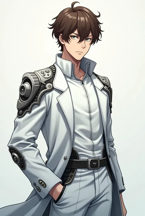  Create a male anime character ,  short curly hair brown eyes with white skin , tall and strong with a serious look , He is a scientist who wears a white scientist outfit with some mechanical details as shiny as the sun.