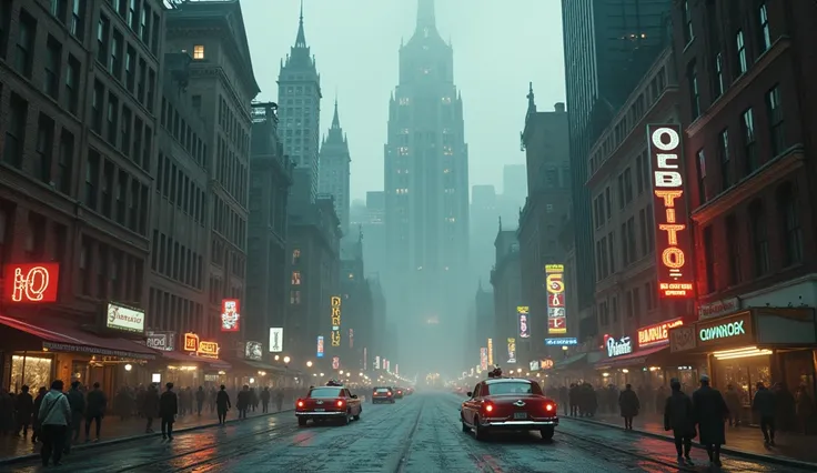 A blend of two cityscapes, one half showing a classic, bustling New York City from the 1930s with vintage cars and iconic buildings, the other half showing Gotham’s darker, more industrial side, with looming gothic architecture and fog, cinematic atmospher...