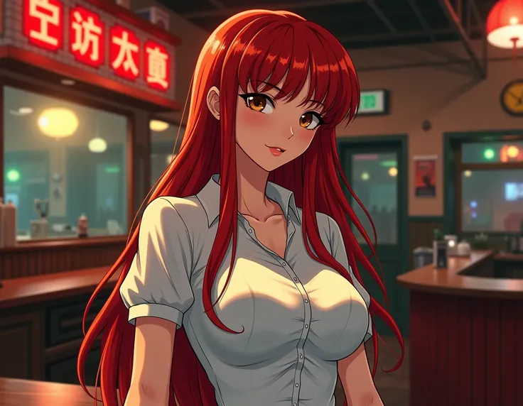 Female waitress, fitted shirt, ( medium large breasts, long red hair, brown eyes), focused on the face and breasts , intricate eyes, Manwha style,  with a 1980 bar in the background