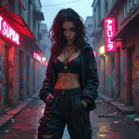 brunette softly curly gang girl at abandoned slum-like neiborghood, neon lights, baggy pants, cropped top, open jacket, pendants, chains messy stuff, graffiti, perfect body, correct anatomy, photorealistic, proportionate
