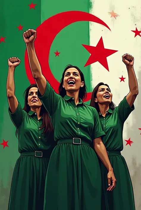 3 women with raised fists Algerian flag green white color green white Crescent Moon Star 5 red
