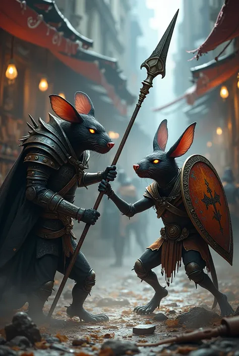   Black Bazaar Knight Rat with spear and shield Dardo without hat .A badass of great quality and the opposite of that an obnoxious butterfly soldier with a spear and shield  .  fight together to be of excellent quality and with more detail and rage in thei...