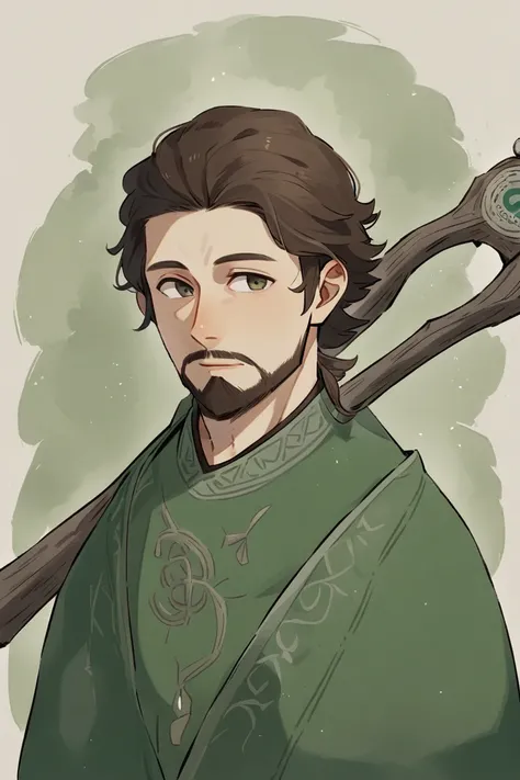   A man of average height ,  with wavy brown hair,  slightly disordered ,  and a short beard that highlights his friendly face. Her eyes are a soft shade of green, always attentive and full of calm .  He wears a simple tunic ,  with sacred symbols embroide...