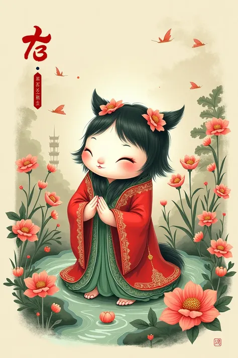 Create a drawing in an old fashioned Asian or Japanese style it is supposed to be a maomao character with notes of herbalists the image is to be in the colors red and green