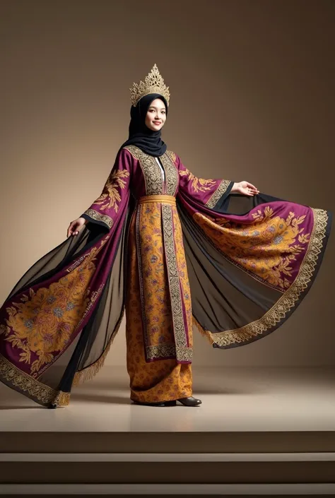 one malay woman wearing a inner hijab Wearing A Fully hijab dressed in a traditional malay songket kebaya in purple and gold and decorated with sparkling bead embroidery on the sleeves and the hem of the kebaya. with a traditional malay gold headdress. wea...