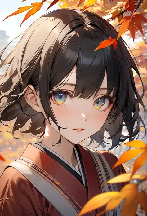  close-up of her upper body（((masterpiece), on)" perfect face,  short black hair,  Beautiful eyes, Japanese, clear facial features , standing among the red and yellow autumn leaves swirling in the breeze, оon пристально смотрит on вас.  In the cool autumn ...