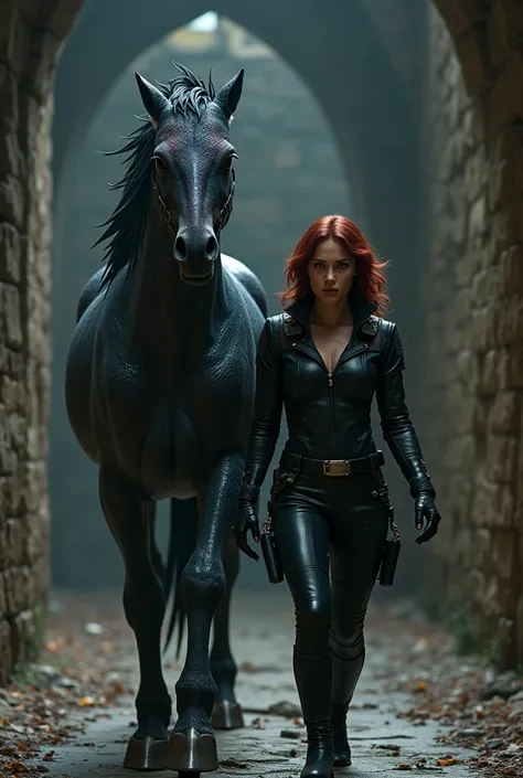 A horse with shiny feathers and sharp claws next to Marvels Black Widow, both on a secret mission in a dark castle 