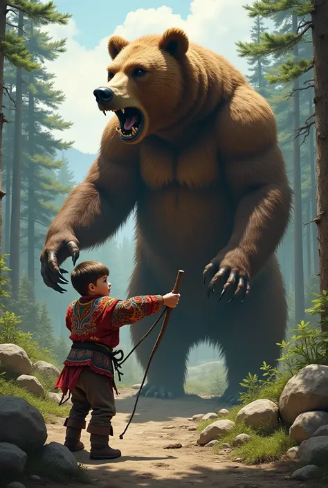 A tiny Goliath with a sling in a Ukrainian embroidered shirt throws a stone at a huge bear standing on its hind legs and growling