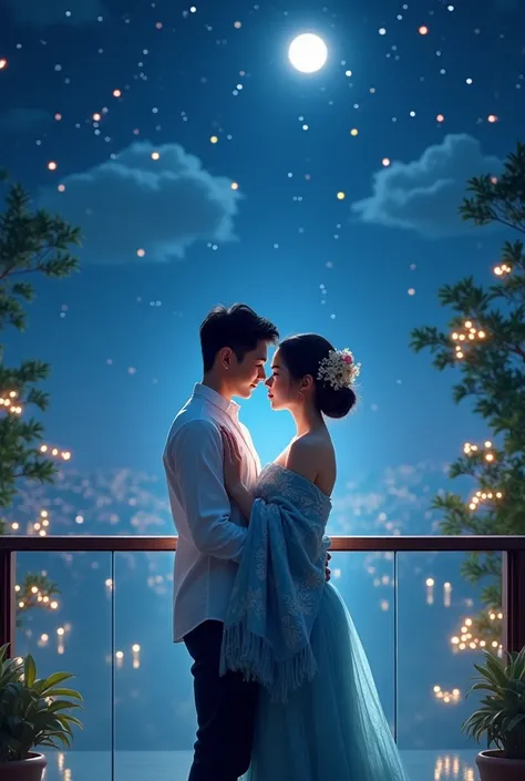 Beautiful young lovers, hair in buns with flowers, wearing ice blue Balinese traditional clothes, Balinese batik shawls and handsome, standing posing like intimate models facing the camera with handsome Indonesian men wearing traditional Balinese clothes, ...