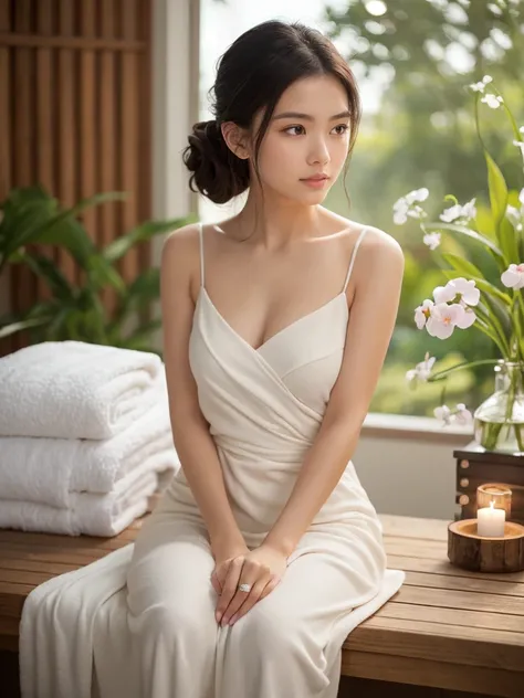 A serene spa-like setting featuring a young woman with flawless, glowing skin. She is seated in a tranquil environment, surrounded by soft white towels, delicate flowers, and warm natural light. The atmosphere is calm and relaxing, with subtle hints of ess...