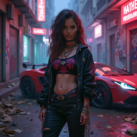 brunette softly curly gang girl at abandoned slum-like neiborghood, neon lights, baggy pants, cropped top with heavy metal style gang symbol, open jacket, pendants, chains messy stuff, graffiti, perfect body, correct anatomy, photorealistic, proportionate,...