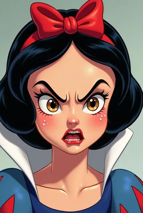  Full face of Disney Snow White as a 2D cartoon,  looking in front of the camera , very angry and with a little sweat 