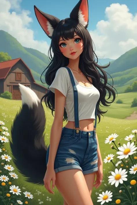 1girl, Long black hair, Fox Ears, Large breasts, Multiple fox tails, Farm, Daisy duke shorts with suspenders, Cropped white shirt