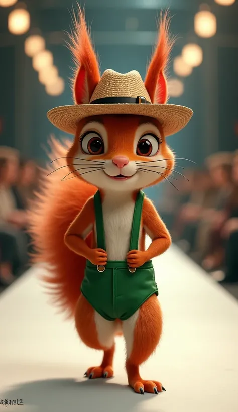 A reddish-furred squirrel, standing upright, parading on a catwalk wearing a green suspender and a straw hat, parading on a catwalk
