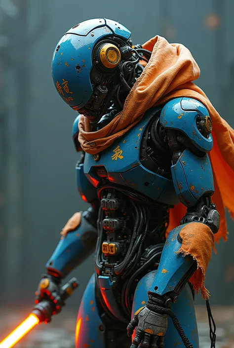  This robot has a futuristic and mechanical design ,  in bright navy blue and orange hues . The parts look intricate  ,  with many wires  , pipe,  with clearly visible mechanical components  . Japanese kanji are printed on the panel on the head of a 、mecha...