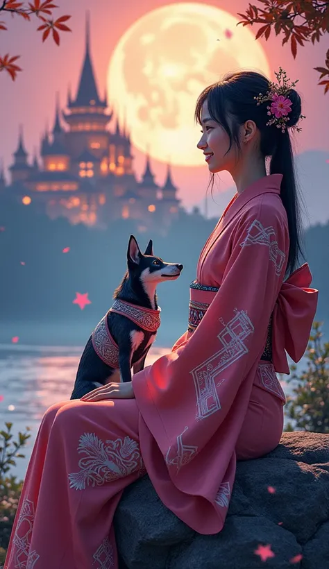 A hyperrealistic photograph showcasing the upscaling of a state-of-the-art digital camera. It features a beautiful, cute, and captivating Japanese woman sitting on a rock beside a luminous river under a glowing moon, with a majestic castle of light in the ...