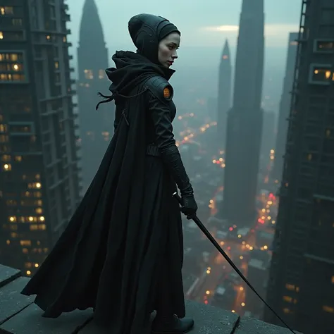  At the top of a ledge . Une femme assassin avec une lame portée à la main.  Outfit,  combination biomechanics integral organic. ( matière visqueuse. Cuire.) with a ( pale face, ovale,  concave nose . Orange eyes )  At the top of the city  (  alien style ....