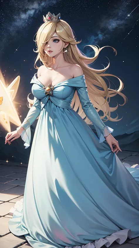 princesa rosalina, blue dress, big breasts, adult body, starry sky, semblante angelical
