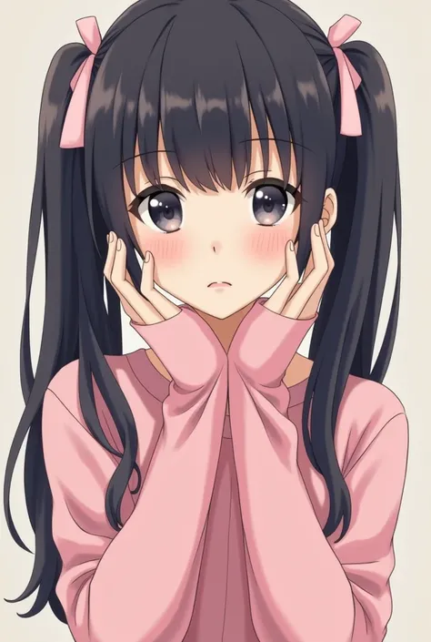 Anime style girl “black hair with two pigtails” “pink hand warmers” “with a light pink ribbon” “serious tender face” “bangs on the face” “low Asian face” “pink shirt