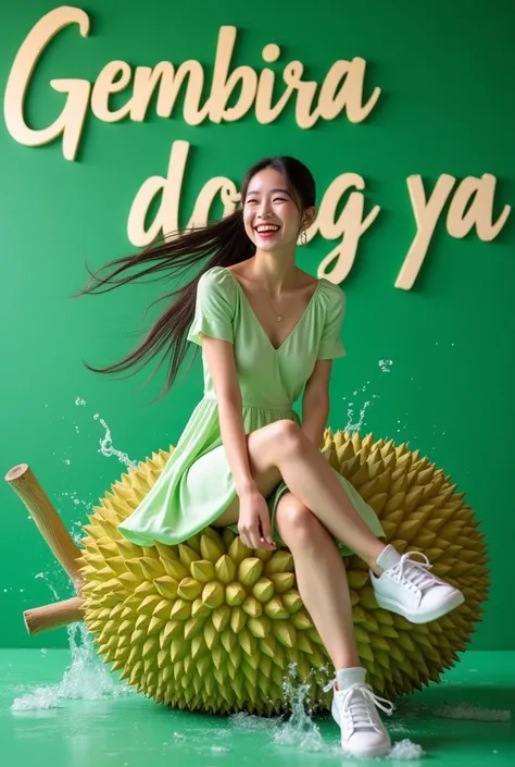 displays a real studio photo, very detailed, a beautiful Korean woman with phonytail hair, wearing a light green dress, white sneakers, sitting in a pose like a model on a very large green durian fruit, there is a splash of water under the fruit, while lau...