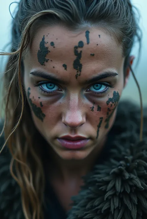 A close-up shot of a fierce female Viking warrior, her face smeared with mud and war paint, her piercing blue eyes filled with intensity and determination, strands of hair matted from battle, a misty fog surrounding her, shot with a Nikon Z7 II, 85mm f/1.4...