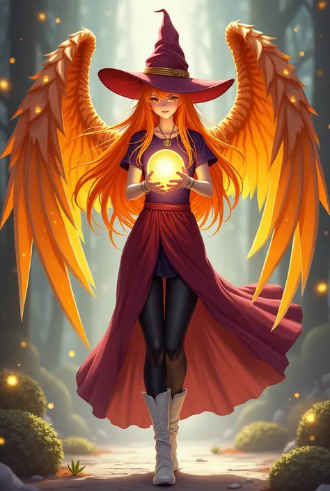 Adult anime girl,  long orange hair , orange peel,  beak instead of a black mouth ,  orange wings on her back  ( the color of her hair ),  has yellow crystals embedded in her wings.  She wears a witchs hat red wine , a purple t-shirt , red wine skirt,  bla...