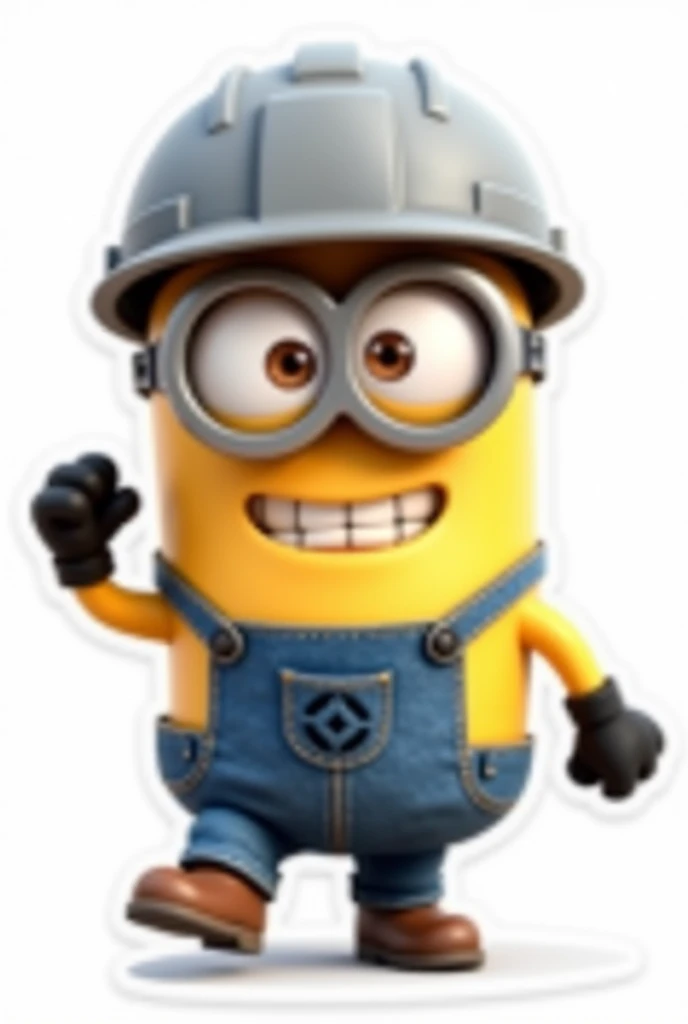 Minion small builder with gray helmet with a crazy and fast-paced attitude. On white background,  type sticker 