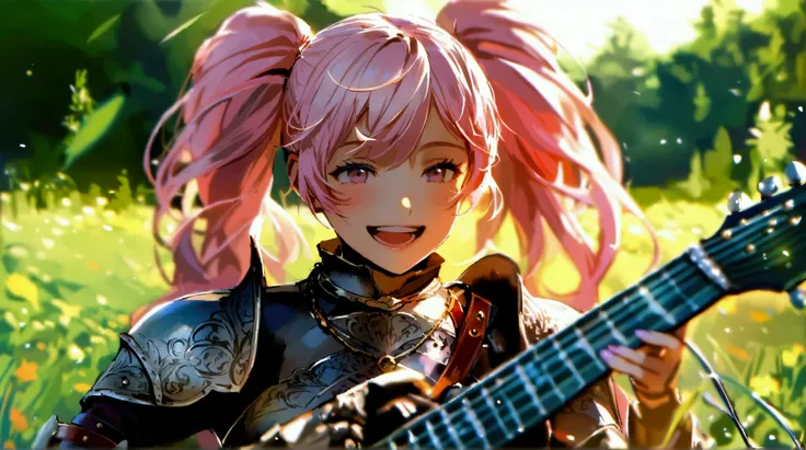 a small 20-year-old girl with pink twin-tail hair wearing medieval leather armor playing her black guitar on a greenfield with a joyful expression