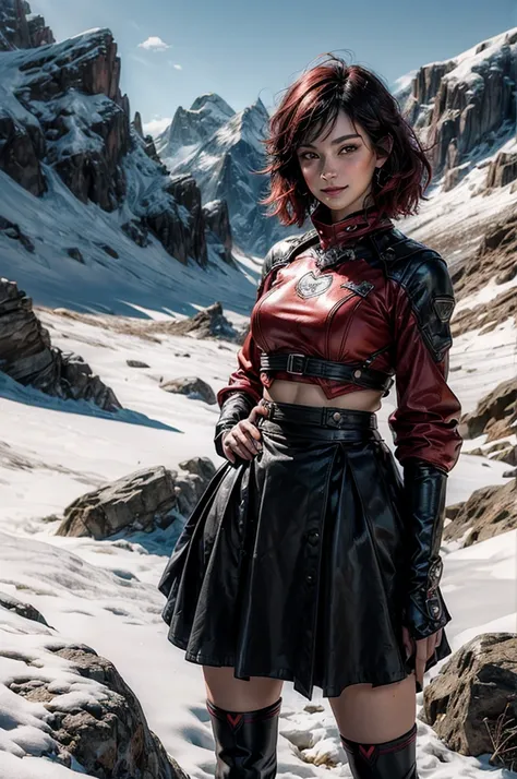 srwby, short hair, black hair, red hair, t-shirt, skirt, boots, gradient hair, grey eyes, outdoors, standing, smile, (cowboy shot), dynamic pose, hands on hips, standing with male colleague on a mountain top, crowd, snow, in the distance a small town sits ...