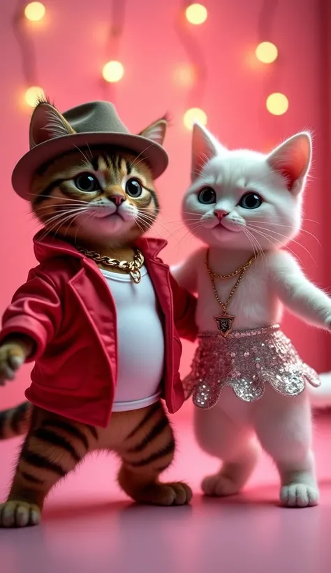 "Two highly detailed anthropomorphic cats in a vibrant pink room. The first cat, inspired by Bruno Mars, has sleek brown fur and a charismatic expression, wearing a red satin jacket over a white tank top, accessorized with a gold chain and a fedora tilted ...