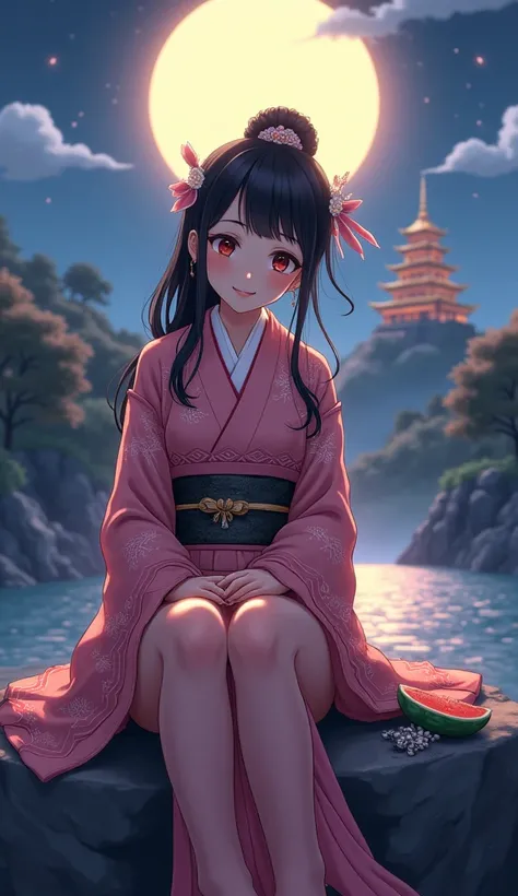 A (((a beautiful, cute, and captivating Japanese woman sitting on a rock beside a luminous river under a glowing moon, with a majestic castle of light in the background. She is dressed in a traditional pink and dark brown kimono-style outfit inspired by Ne...