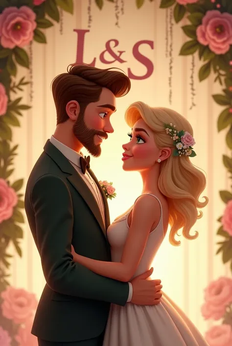 Disney , couple. Blonde woman with green eyes.  Brown-haired man ,  brown eyes and goatee beard and brown mustache. On the background written L &S,  with wedding arrangements.