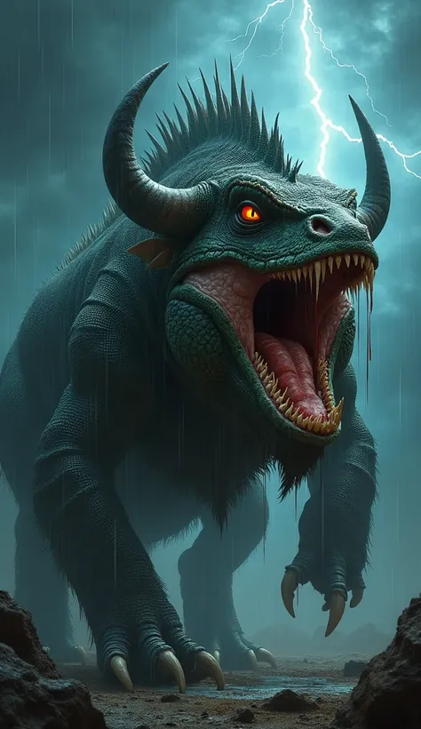 Creepy mutant hybrid of an iguana with a buffalos head raging and roaring in a storm at night