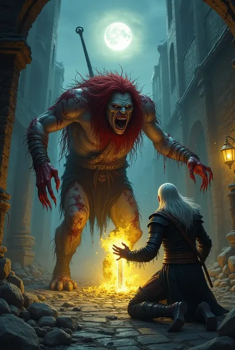 Night. full moon. The ruins of the inn .  On the left, there is a pale monster in torn, bloody scraps of clothing with red hair on his head and a huge toothy mouth,  The creature covered its front paws to hit .  Right on one knee is a white-haired witcher ...