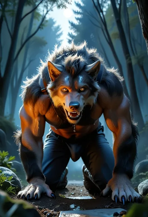 Deep night:1.3, forest:1.2, moon, Man, [human face: wolf face:0.9], transformation:1.2, transforming into werewolf, mid transformation:1.6, werewolf, moonlight, detailed fur:1.2, fur everywhere, in pain:1.1, shocked:1.5, hard breathing, By Tom Bagshaw, goo...