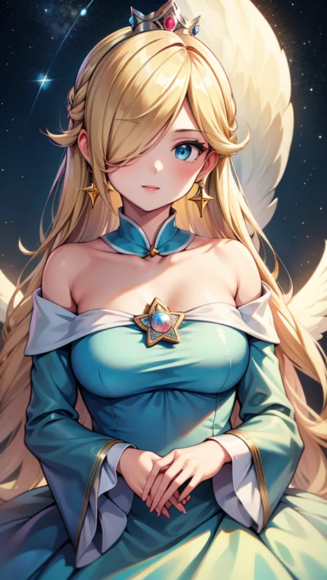 (masterpiece,best quality,ultra-delicate,Perfect Face,16k,very detailed eyes,high resolution,very beautiful girl)),princesa rosalina, blue dress, big breasts, adult body, starry sky, semblante angelical
