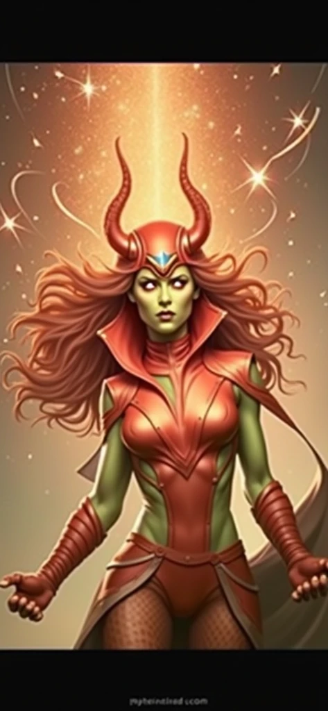 Scarlet Witch with her Marvel comic book helmet changing her face green eyes and hair for the image 