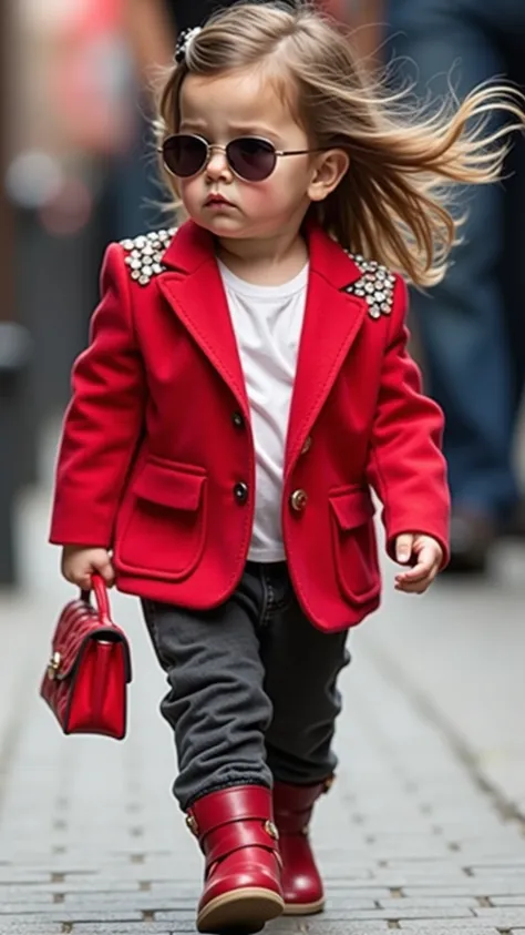 This little one is dressed to impress! The chubby baby girl is wearing a stylish red light blazer with embellishments on the shoulders, paired with a white top underneath. She’s carrying a small matching handbag and is rocking a pair of round sunglasses, g...