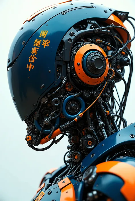  there are close-up images  .  This robot has a futuristic and mechanical design ,  in bright dark blue and orange hues  . The parts look intricate  ,  with many wires  , pipe,  with clearly visible mechanical components  .  robot with a thin, muscular bod...