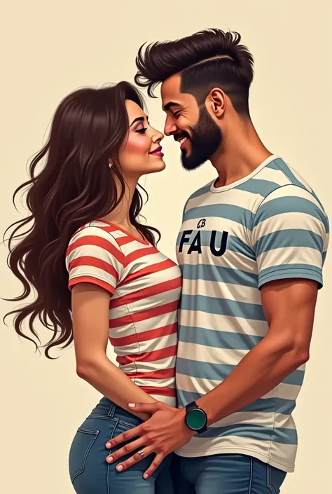  Couple with the striped t-shirt in red white and black , The woman with the wavy hair and the man with the beard,  the man with the name Fau on the t-shirt and the woman with the name GB on the t-shirt 