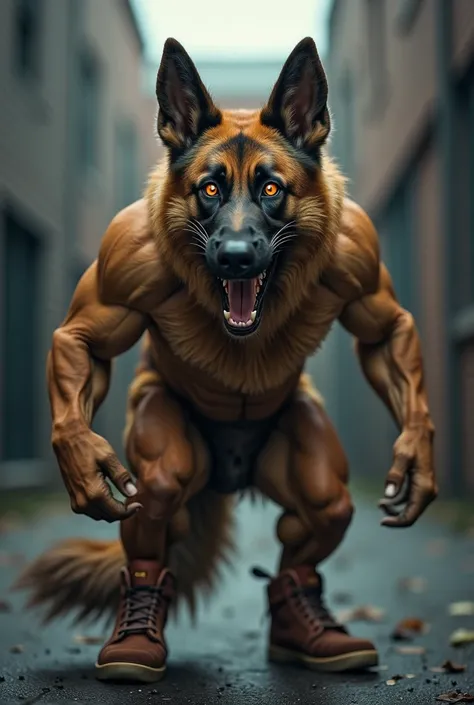 Generate a hyper-realistic and intense image of a hybrid fusion featuring a German Shepherd dog and a muscular man. This creature combines the sharp, alert features of the German Shepherds face, including its pointed ears and fierce expression, with the ch...