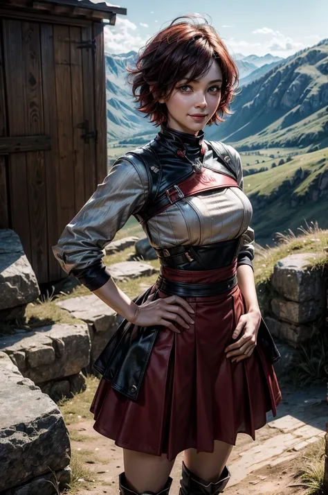 srwby, short hair, black hair, red hair, t-shirt, skirt, boots, gradient hair, grey eyes, outdoors, standing, smile, (cowboy shot), dynamic pose, hands on hips, standing with male colleague on a mountain top, crowd, a small town sits in a valley, intricate...